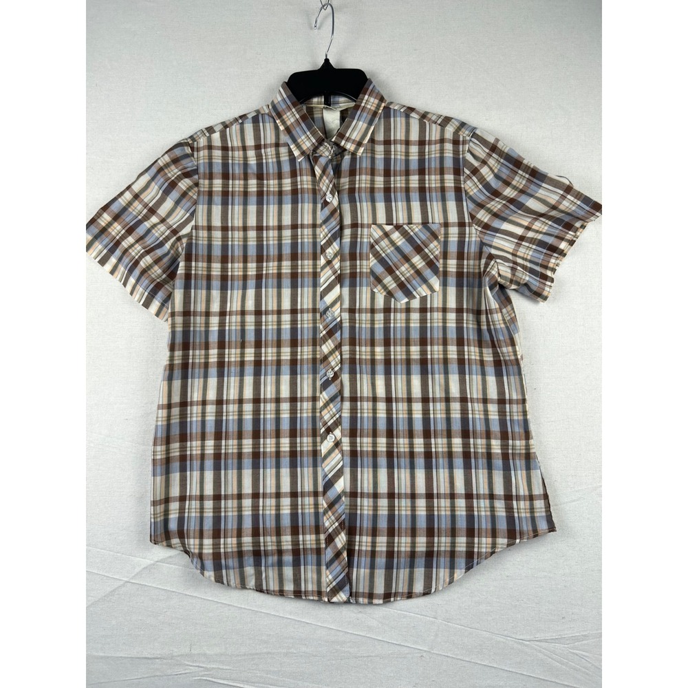 Vintage Sears Perma-Smooth Plaid Short Sleeve Button Down Shirt Brown Blue Sz 18